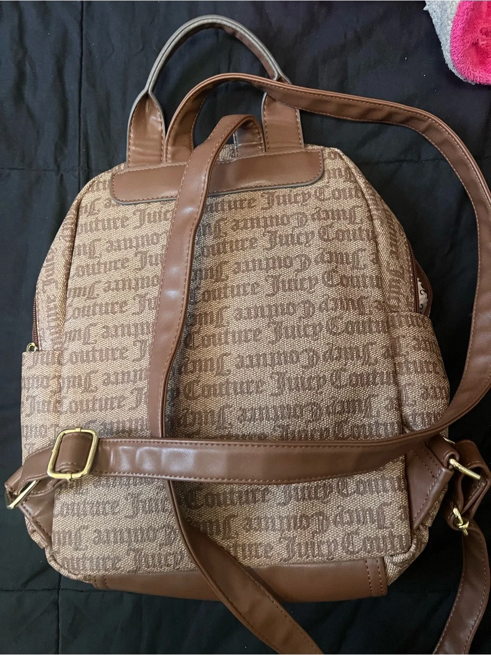 Juicy Couture Brown Monogram Backpack with Gold Chain Accent